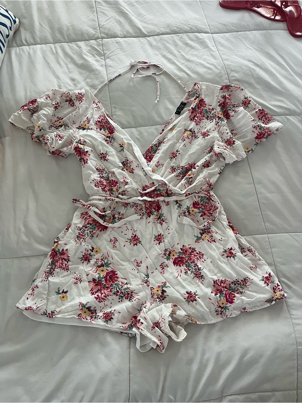 Trixxi White Floral Romper with Pink and Green Bouquet Print